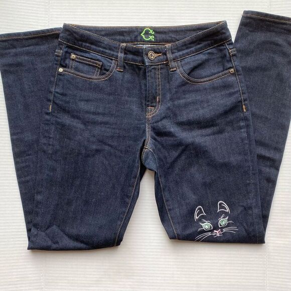 Jeans Dark Wash Skinny Cat Embroidered Denim Size 27 - Picture 1 of 5